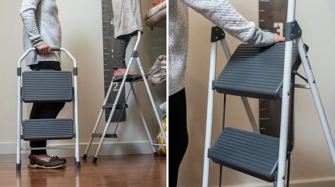 A Woman and a Child with Gorilla Compact Ladder on the Left and Closer Look at the Same Item on the Right