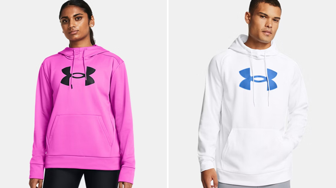 A lady wearing a Under Armour Womens Fleece Hoodie on the left and man wearing a Under Armour Mens Fleece Hoodie on the right