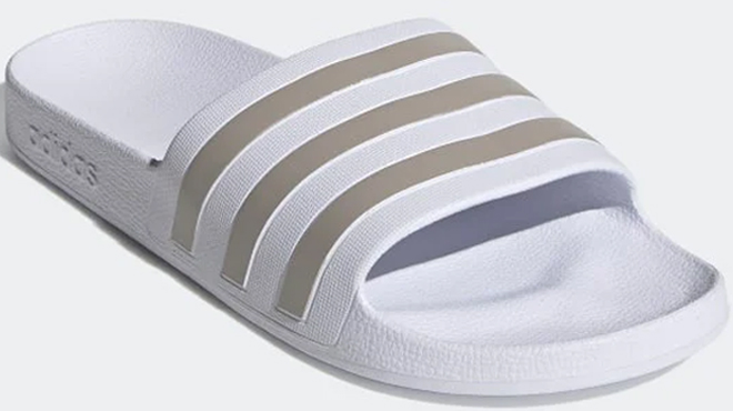 Adidas Mens Cloud White and Platinum Metallic Adilette Aqua Slides