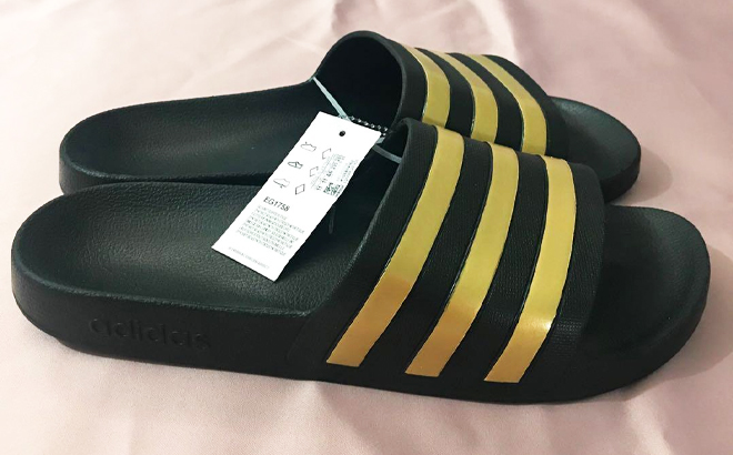 Adidas Mens Core Black and Gold Metallic Adilette Aqua Slides