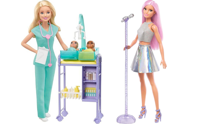 Barbie Careers Doll Playset Baby Doctor Theme and Pop Star with Pink Hair Brown Eyes Wearing Iridescent Skirt with Microphone