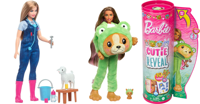 Barbie Careers Playset 65th Anniversary Farm Veterinarian Set and Barbie Cutie Reveal Doll Accessories with Animal Costume