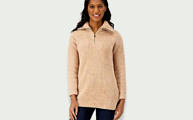 Barefoot Dreams CozyChic Half Zip Tunic in Soft Camel Color