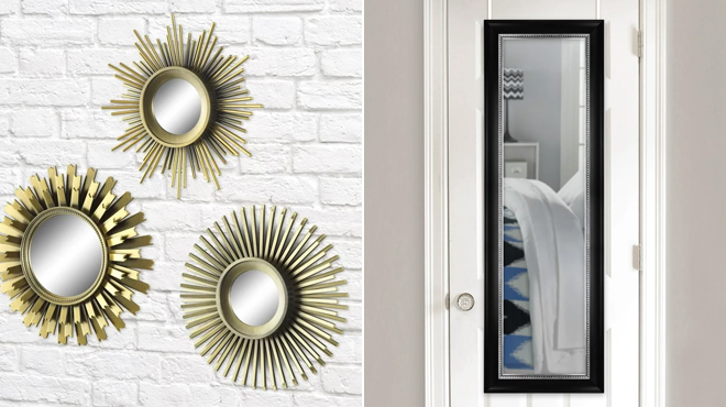 Better Homes Gardens 3 Piece Round Sunburst Mirror Set in Gold Finish and Mainstays Over The Door Mirror Black With Pewter