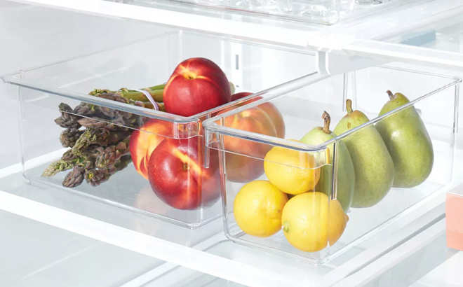 Brightroom 4 Piece Clear Fridge and Pantry Bin Storage Set in a Fridge with Fruits