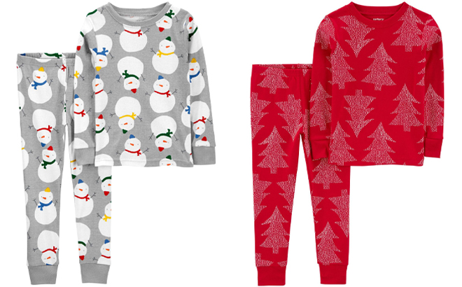 Carters Gray Toddler 2 Piece Snowman Pajama Set and Red Baby 2 Piece Christmas Tree Pajama Set