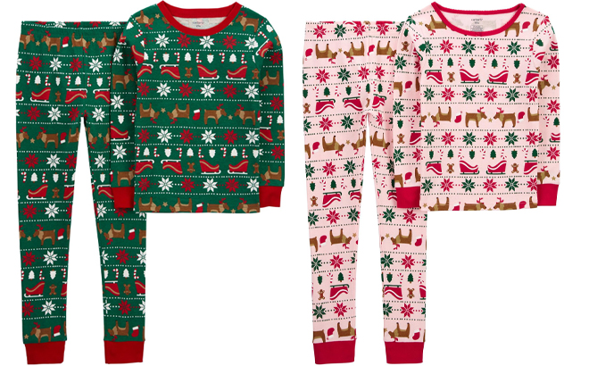 Carters Green and Red Pink Kids 2 Piece Fair Isle Pajama Set