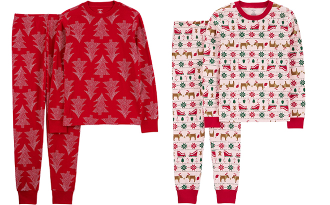 Carters Red Adult Christmas Trees 2 Piece Pajama Set and Red Pink Adult 2 Piece Fair Isle Pajama Set