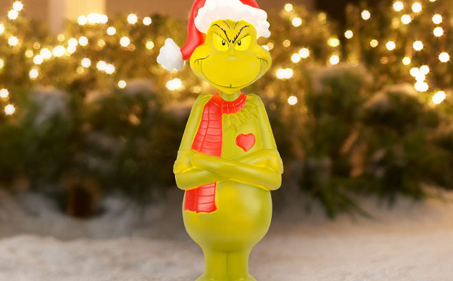 Christmas Lighted Blow Mold Outdoor Decor Grinch with Scarf in the Front Yard