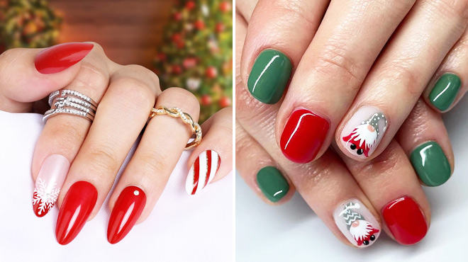 Christmas Nails with Rhinestones and Gnome Nails