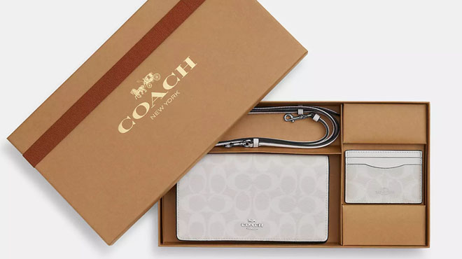 Coach Outlet Boxed Anna Foldover Clutch Crossbody And Card Case Set In Signature Canvas Silver White