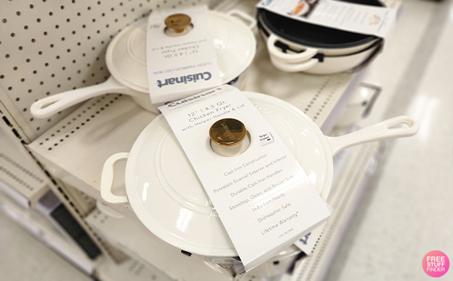 Cuisinart Cast Iron Chicken Fryer in Glossy White on a Store Shelf