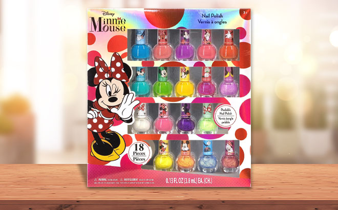 Disney Minnie Mouse Nail Polish 18 Piece Set on a Table