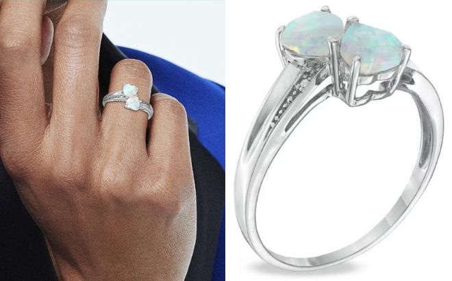 Heart Shaped Lab Created Opal and Diamond Accent Double Heart Ring in Sterling Silver