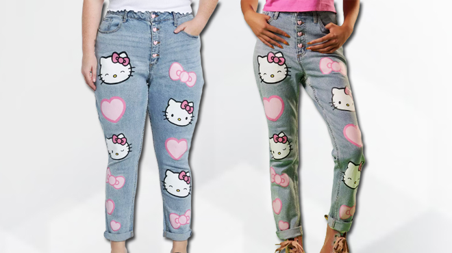 Hello Kitty Hearts Mom Jeans Plus Size on the left and Hello Kitty Hearts Mom Jeans on the right