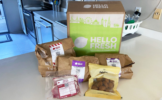 HelloFresh Box with Cooking Ingredients on a Tabletop