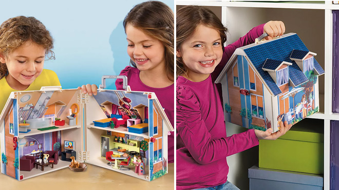 Images of Girls Playing with a Playmobil Take Along Dollhouse Set