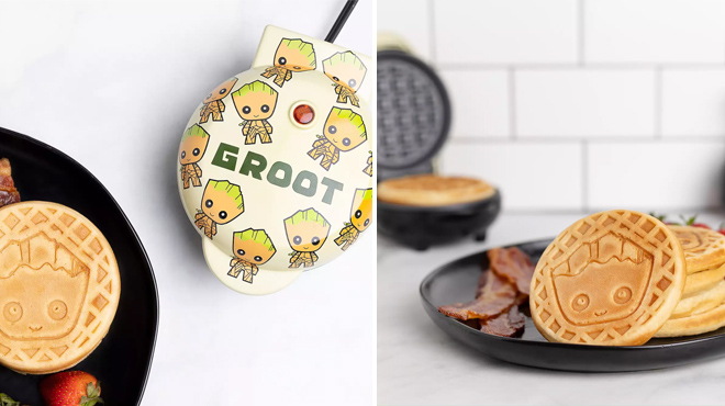 Images of Marvel Groot Mini Waffle Maker and Groot Designed Waffle