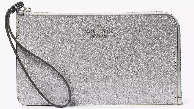 Kate Spade Lucy Glitter Medium L Zip Wristlet in Silver