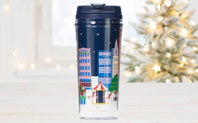 Kate Spade Winter Village Acrylic Thermal Mug on a Table