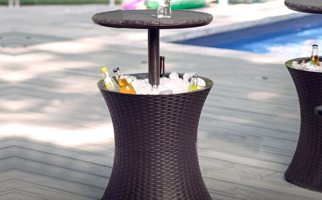 Keter Patio Side Table with 7 5 Cooler in Brown Color