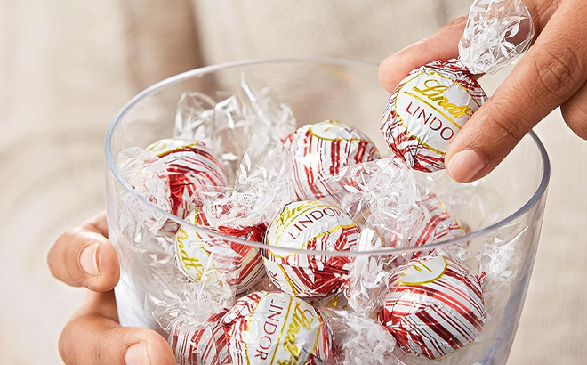 Lindt Lindor Holiday White Chocolate Peppermint Candy Truffles in a Glass Bowl