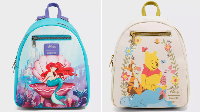 Loungefly Disney Ariel In Shell Mini Backpack and Winnie The Pooh Flowers Mini Backpack