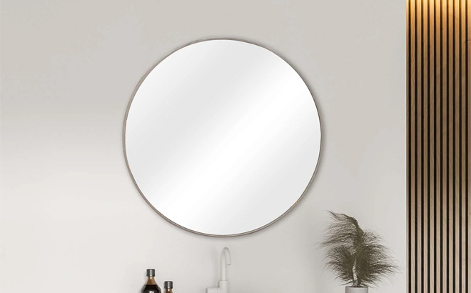 Mainstays 30in Round Wall Mirror Frame Modern Grey Wood Finish