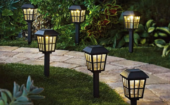 Mainstays Solar Powered LED Path Light 6 Count on the Grass