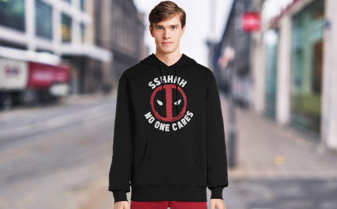 Man is Wearing Deadpool Mens Graphic Hoodie with Long Sleeves