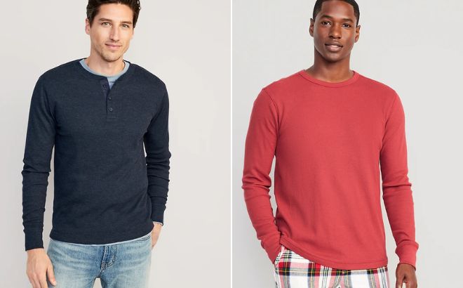 Man is Wearing Old Navy Waffle Knit Henley Mens T Shirt in the Navy Color on the Left Side and Old Navy Long Sleeve Flex Waffle Knit Mens T Shirt in Cherry Fizz Color on the Right Side