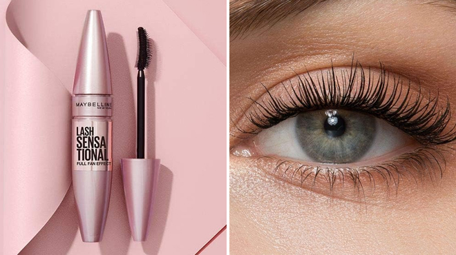 Maybelline Lash Sensational Washable Mascara on the Left and an Image of an Eye Using the Same Item on the Right