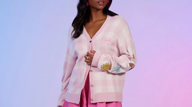 Model Wearing Barbie Cardigan