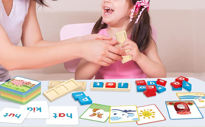 Mom and Daughter Playing Gojmzo Wooden CVC Word Spelling Games