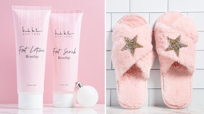 Nicole Miller Bath and Body Gift Set with Slippers, Foot Scrub, and Lotion