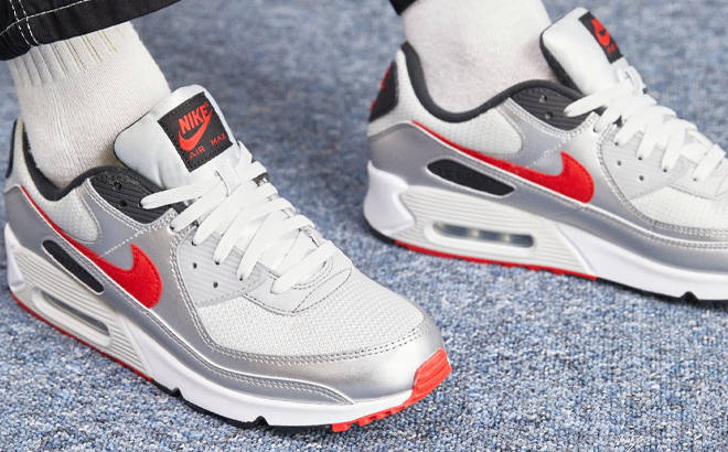 Nike Air Max 90 in Photon Dust Metallic Silver Black and University Red Color