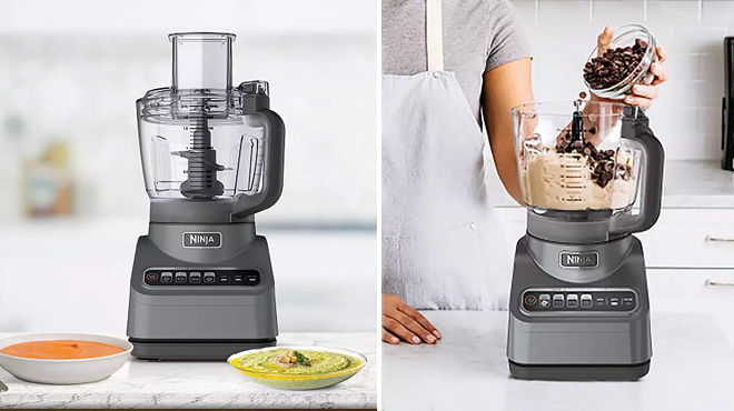 Ninja Professional Plus Food Processor on Countertop on the left a Woman Putting Coffee Beans in the Processor on the Right