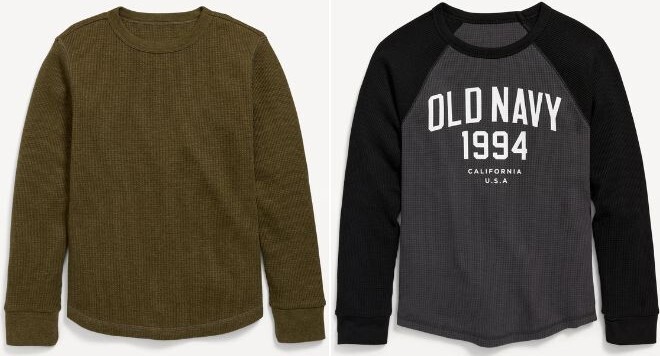 Old Navy Long Sleeve Thermal Knit Boys T Shirt in Confier Color on the Left and Old Navy Long Sleeve Logo Graphic Thermal Kint Boys T Shirt in Blackjack Color on the Right Side