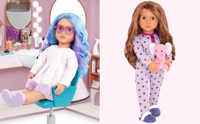 Our Generation Veronika Fashion Doll with Blue Purple Hair on the Left Side and Our Generation Maria Slumber Party Doll on the Right Side