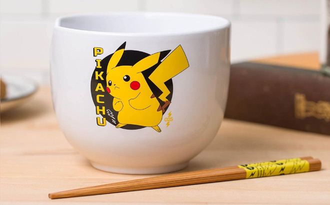Pokemon Pikachu Japanese Text Ceramic Ramen Noodle Rice Bowl with Chopsticks