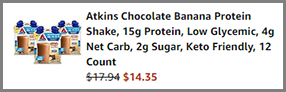 Screenshot of Atkins Chocolate Banana Protein Shake 12 Pack Discounted Final Price at Amazon Checkout