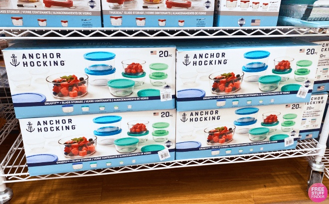 Several Boxes of Anchor Hocking 20 Piece Food Storage Set on a Shelf