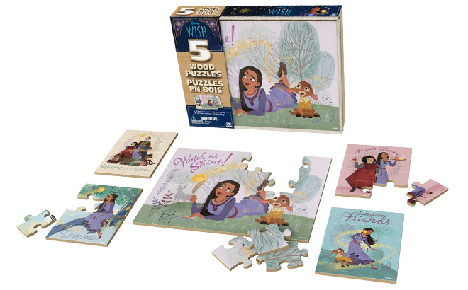 Spin Master Disney Wish 5 Wood Jigsaw Puzzle Bundle 24 Piece 8 Piece in Storage Box