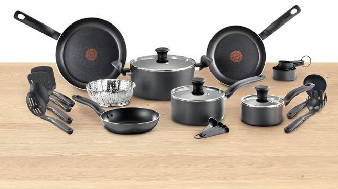 T Fal 18 Piece Nonstick Cookware Set on the Table