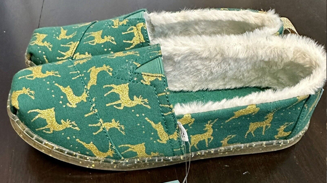 TOMS Girls Green Gold Glitter Deer Alpargata Shoes