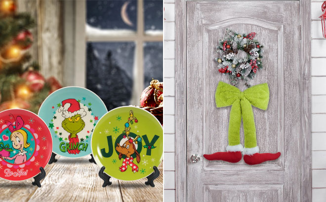 The Grinch 3 Piece Decorative Plate Set and Hanging Green Bow Grinch Legs