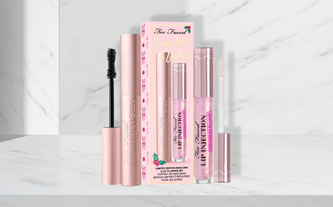 Too Faced Sexy Lips and Lashes Mascara and Lip Plumper Set in the Bathroom