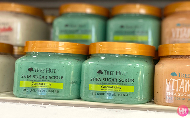 Tree Hut Shea Sugar Body Scrub Coconut Lime Jars on a Shelf