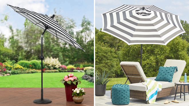 Two Images of Better Homes Gardens Outdoor 9 Foot Ibiza Stripes Round Crank Premium Patio Umbrella