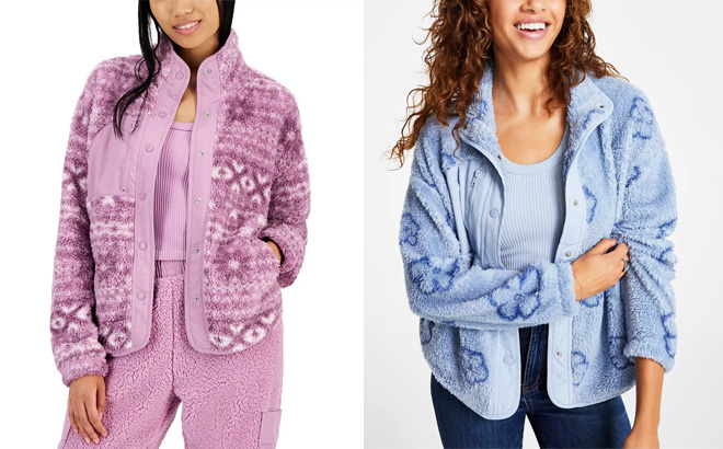 Two Photos of People Wearing Juniors Snap Front Sherpa Jackets